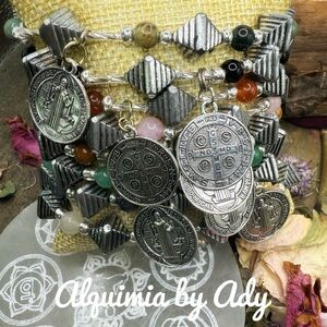 Saint Benedict+ SAN BENITO+  Silver and Earthy Tones Charm Bracelet